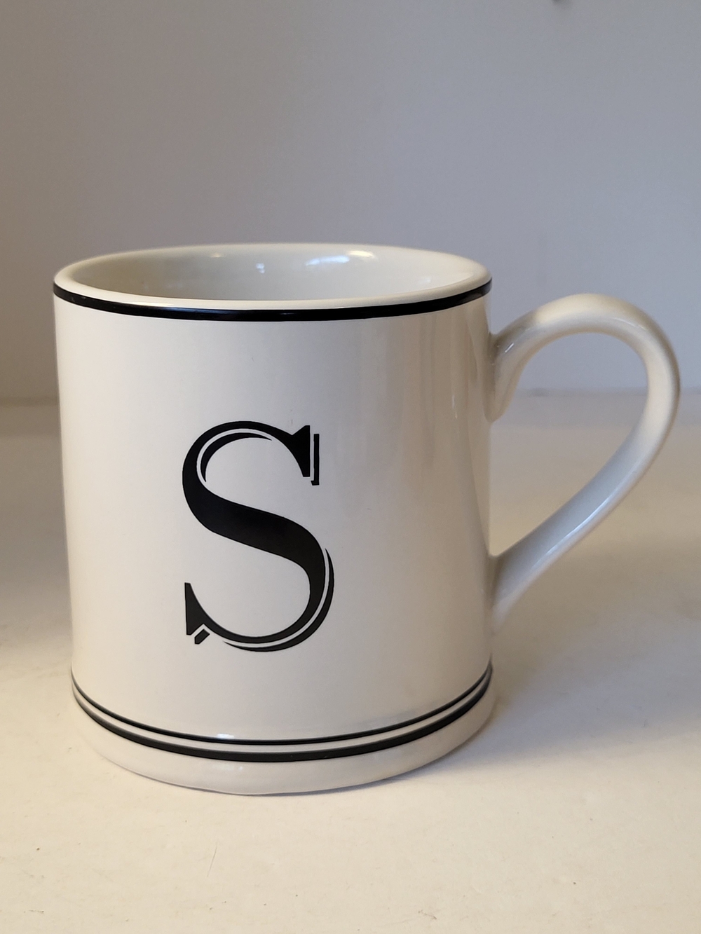 Sur La Table White Ceramic Mug with Black 'S' Monogram